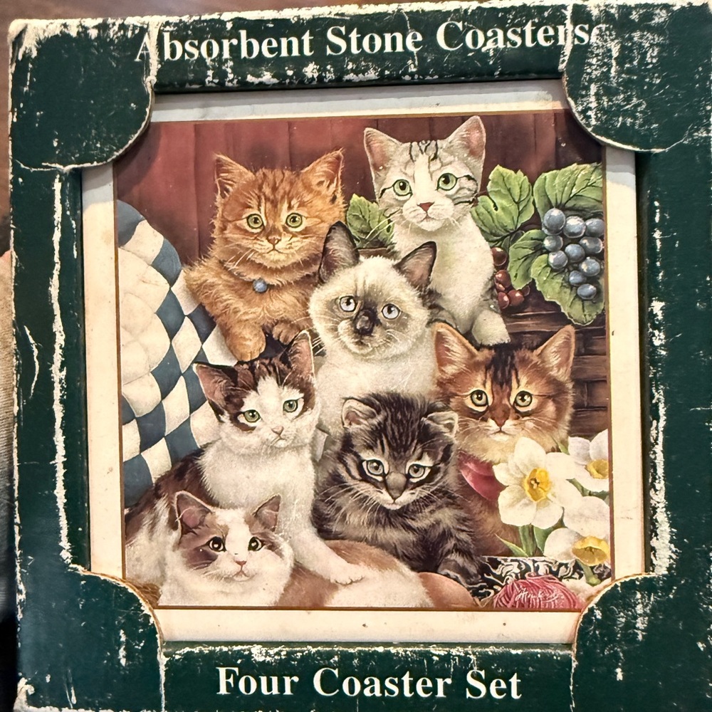 Stone Art Absorbent Stone Coasters set of 4 New in Box 7 Cats Design Bisque Tile